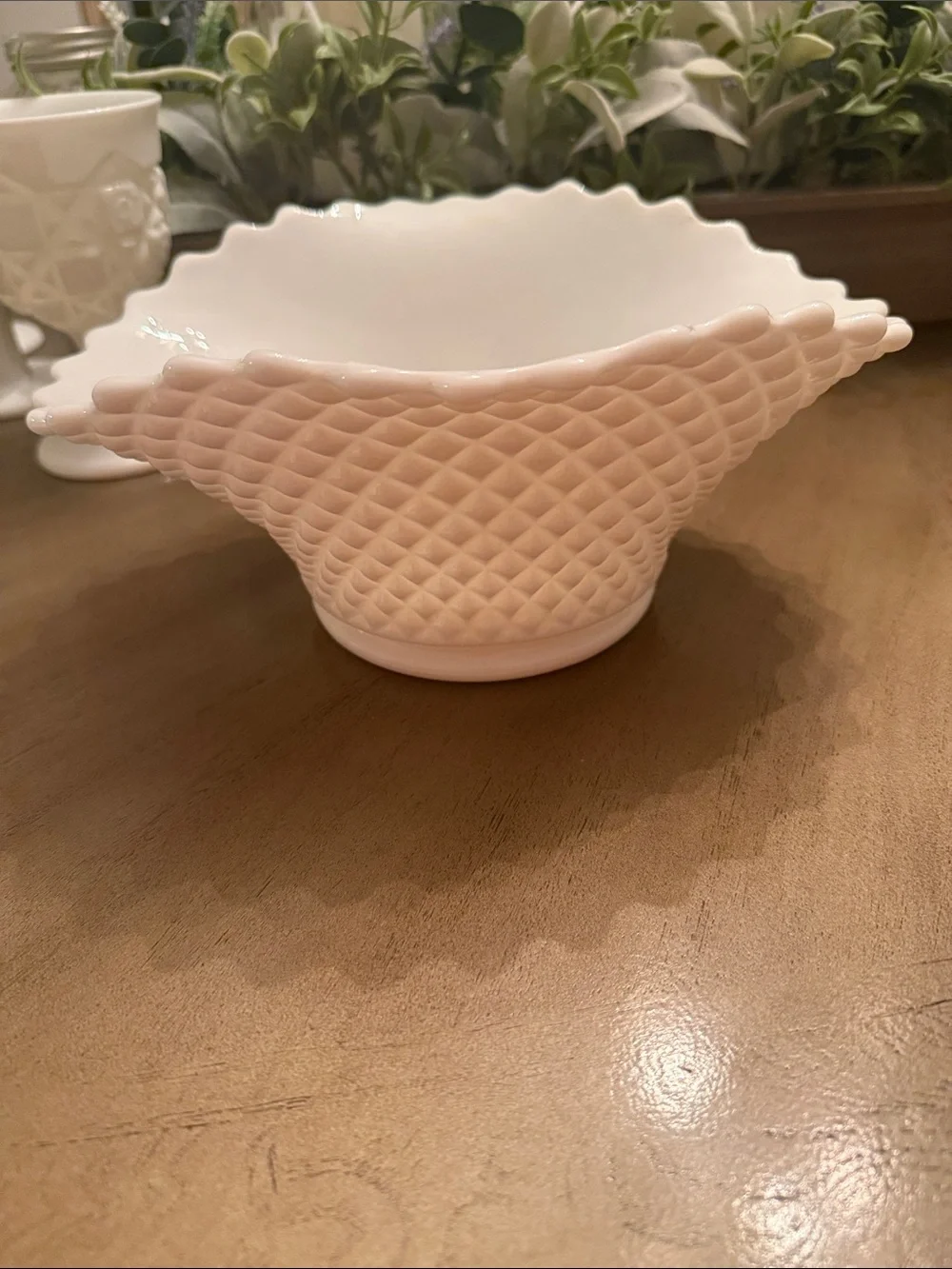 Westmoreland White Milk Glass Scalloped Basket Weave Bowl